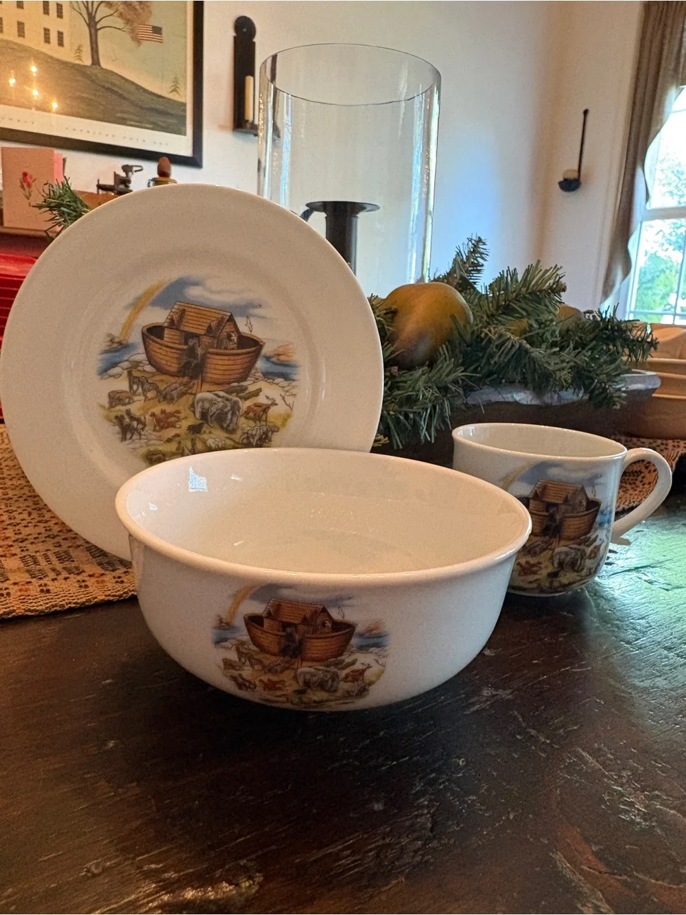Noah's Ark Ceramic Dinnerware Set - White with Multicolor Ark Illustration